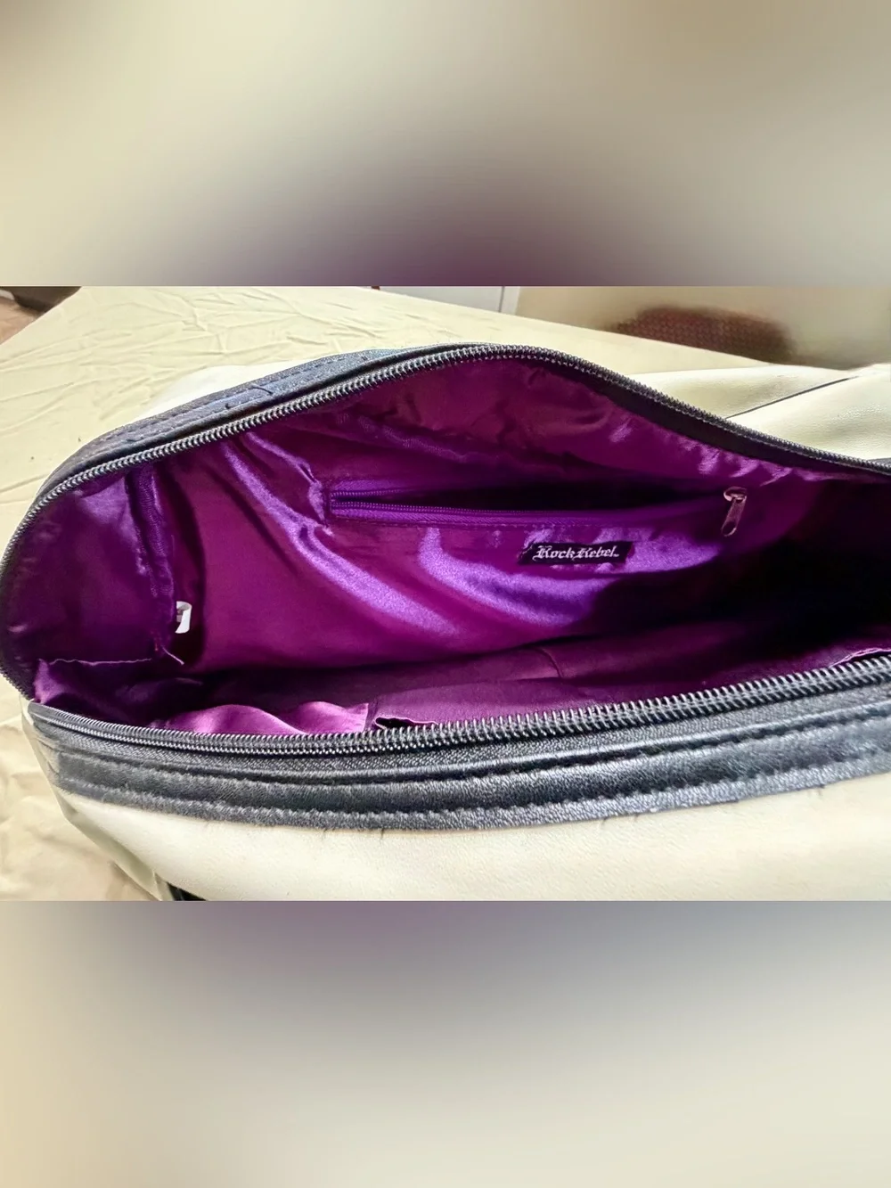 Rock Rebel Large Skull & Rose Satchel Top Handle Zip Bag Purple Lining Pockets